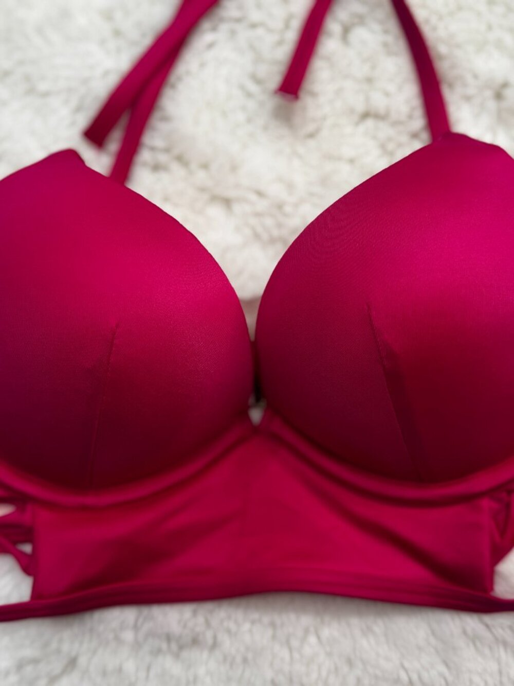 Long Line Bombshell Add-2-Cups Halter Bikini Top 34A Jubilee Pink Double Hook